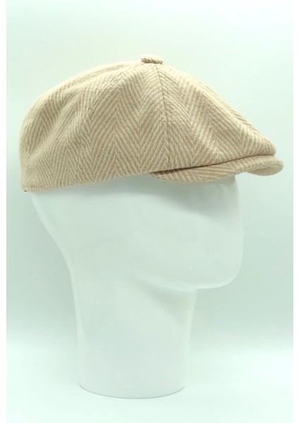 Kışlık Kaşe Yünlü Bej Balıksırtı Desenli 8 Parçalı Irish Stili Peaky Blinders Kasket Şapka