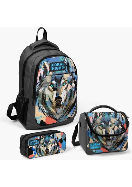 Kids Gri Siyah Kurt Desenli 3’lü Okul Çanta Seti, Ilköğretim Çantası, Beslenme ve Kalem Çantası