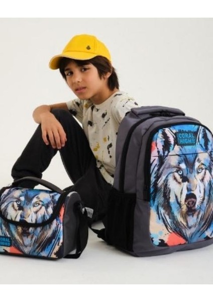 Kids Gri Siyah Kurt Desenli 3’lü Okul Çanta Seti, Ilköğretim Çantası, Beslenme ve Kalem Çantası fiyatları