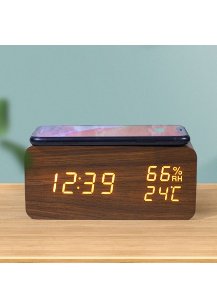 Dijital Çalar Saat, Sıcaklık ve Nem Çalar Saat LED Elektronik Saat Akıllı Telefon Kablosuz Şarj Cihazı (Ahşap Rengi) (Yurt Dışından)