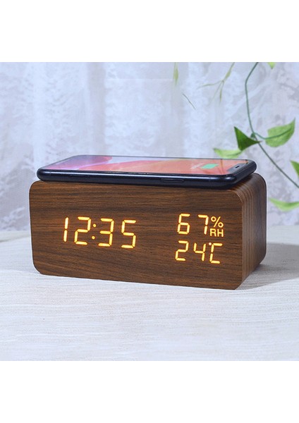 Dijital Çalar Saat, Sıcaklık ve Nem Çalar Saat LED Elektronik Saat Akıllı Telefon Kablosuz Şarj Cihazı (Ahşap Rengi) (Yurt Dışından)