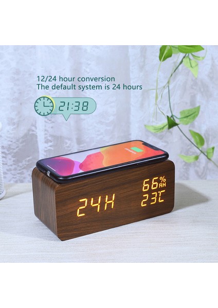 Dijital Çalar Saat, Sıcaklık ve Nem Çalar Saat LED Elektronik Saat Akıllı Telefon Kablosuz Şarj Cihazı (Ahşap Rengi) (Yurt Dışından)
