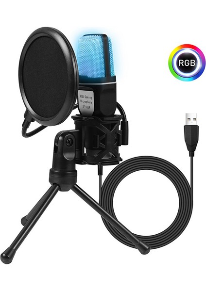 SF666R Usb'li Mikrofon Rgb Kondansatör Mikrofon Oyun Mikrofonu Podcast Kayıt Stüdyosu Akışı Dizüstü Masaüstü Bilgisayar (Yurt Dışından)