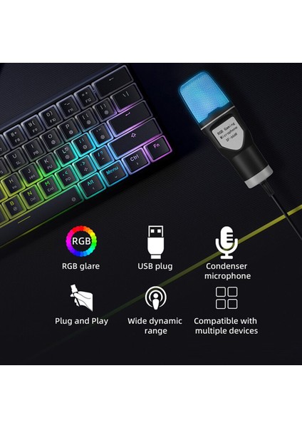 SF666R Usb'li Mikrofon Rgb Kondansatör Mikrofon Oyun Mikrofonu Podcast Kayıt Stüdyosu Akışı Dizüstü Masaüstü Bilgisayar (Yurt Dışından)