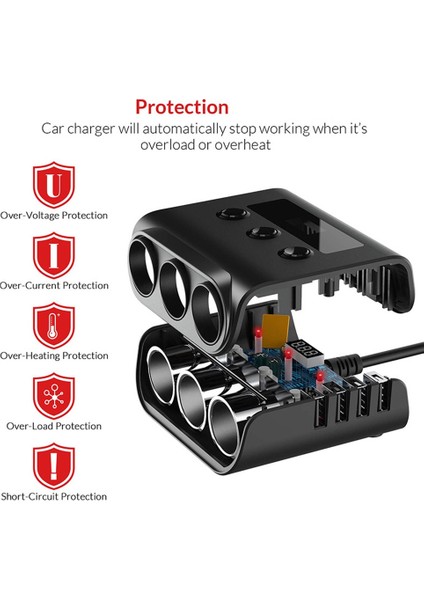 TR12 Araç Çakmağı Üçlü Evaporatör, Anahtar Gerilim Göstergesi ile 4 USB Araç Çakmağı 120W Şarj Cihazı, Siyah + Kırmızı (Yurt Dışından)