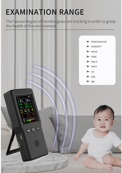 9'u 1 Arada Hava Kalitesi Monitörü LCD Ekran Yüksek Hassasiyetli Pm2.5 PM10 Hcho Tvoc Co Co2 Sıcaklık Nem Ölçer (Beyaz) (Yurt Dışından)