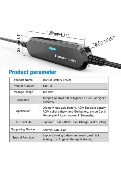 BK100 Bluetooth Araç Motosiklet Pil Test Cihazı 6V 12V Pil Analizörü 100 Ila 2000 12V Şarj Marş Test Aracı Siyah (Yurt Dışından)