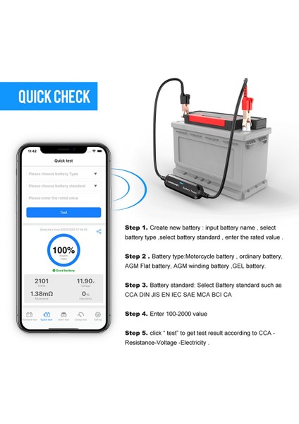 BK100 Bluetooth Araç Motosiklet Pil Test Cihazı 6V 12V Pil Analizörü 100 Ila 2000 12V Şarj Marş Test Aracı Siyah (Yurt Dışından)