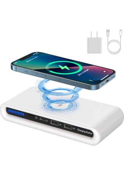 IPHONE12 Için Ortam Işığı ile 15W 4'ü 1 Arada Kablosuz Şarj Cihazı Şarj Srtation Çoklu USB Tip C Hızlı Şarj Cihazı (Yurt Dışından)