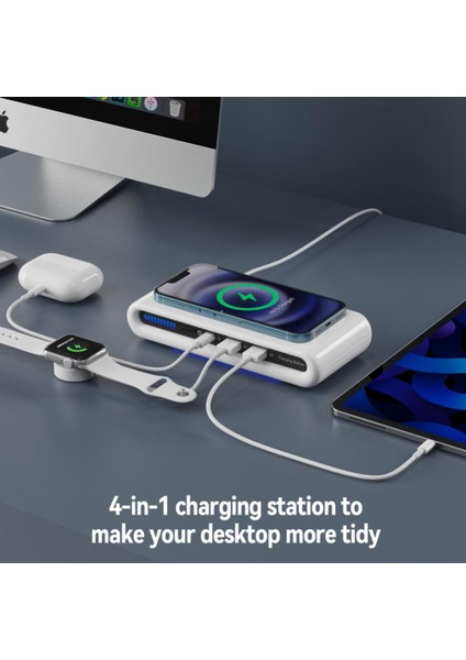 IPHONE12 Için Ortam Işığı ile 15W 4'ü 1 Arada Kablosuz Şarj Cihazı Şarj Srtation Çoklu USB Tip C Hızlı Şarj Cihazı (Yurt Dışından)