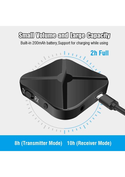 Bluetooth 5.0 Verici Alıcı 2'si 1 Arada Bluetooth Adaptörü Tx ve Rx 2 Cihazlarının Eşzamanlı Kullanımı Için 3,5 mm Jak (Yurt Dışından)