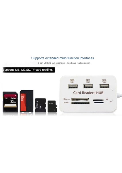 In 1 Taşınabilir Çok Fonksiyonlu 3 Bağlantı Noktalı USB Hub 2.0 Splitter Combo Kart Okuyucu Desteği Tf Sd M2 Sdhc Kart Okuma Yazma (Yurt Dışından)