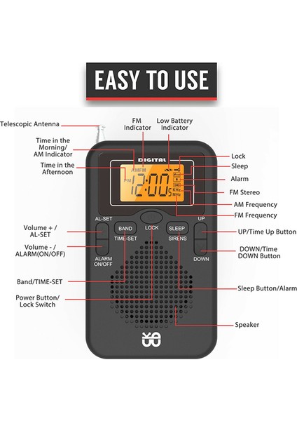 Taşınabilir Radyo Mini Am Fm Hava Durumu Radyo Cep Radyosu LCD Ekran Dijital Çalar Saatli Radyo Çalar (Yurt Dışından)