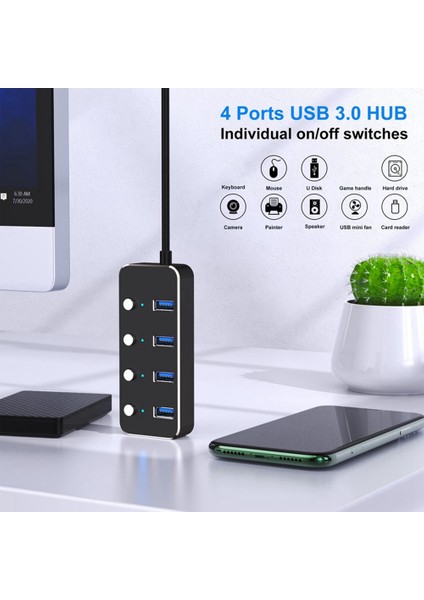 USB 3.0 Güç Adaptörü 4 Bağlantı Noktalı Alüminyum Alaşımlı Splitter Hub USB Hub 3.0 USB Çoklu Genişletici Anahtarı 1.2m Kablo Hub Abd Tak B (Yurt Dışından)