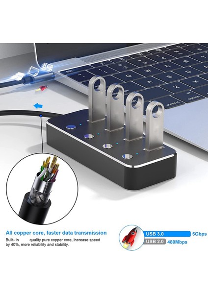 USB 3.0 Güç Adaptörü 4 Bağlantı Noktalı Alüminyum Alaşımlı Splitter Hub USB Hub 3.0 USB Çoklu Genişletici Anahtarı 1.2m Kablo Hub Abd Tak B (Yurt Dışından)