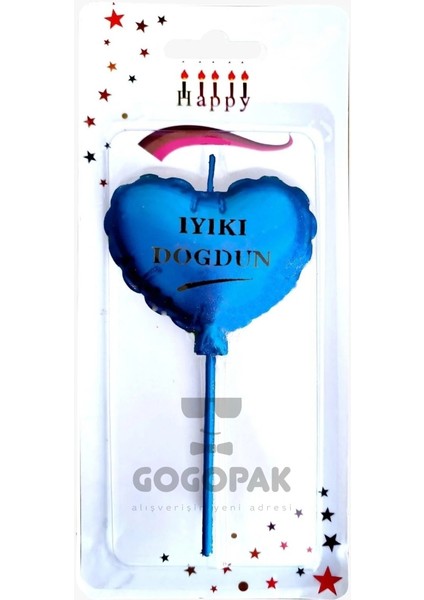 Iyiki Doğdun Kalp Balon Mum Mavi Renk 12 cm