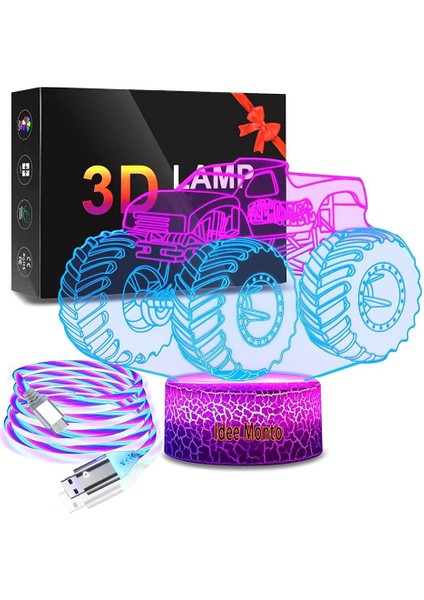 Çocuklar Için Monster Truck 3D Gece Lambası - 7 LED Renkli Kırmızı (Yurt Dışından)