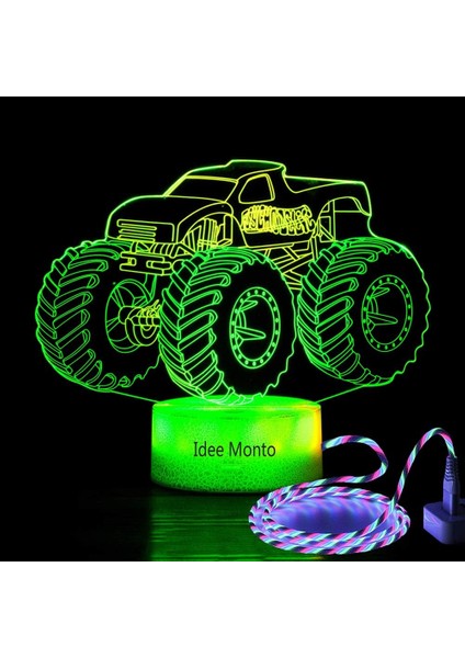 Çocuklar Için Monster Truck 3D Gece Lambası - 7 LED Renkli Kırmızı (Yurt Dışından)