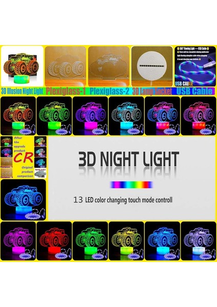 Çocuklar Için Monster Truck 3D Gece Lambası - 7 LED Renkli Kırmızı (Yurt Dışından)