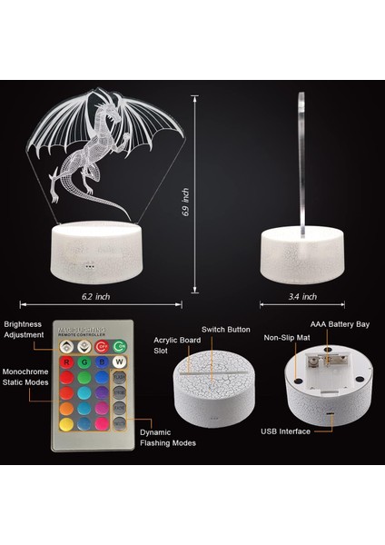 Gece Lambası,3d Ejderha Illüzyon Lambası2,sürpriz Hediye Dragon1 (Yurt Dışından)