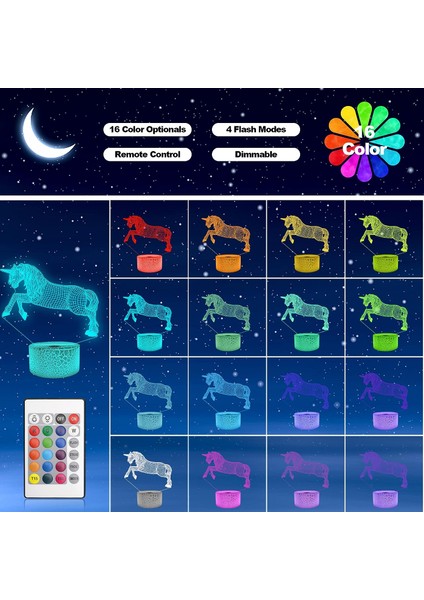 Kelebek Illüzyon Gece Lambası, 3D LED 16 Renkli Ch Tek Boynuzlu At (Yurt Dışından)