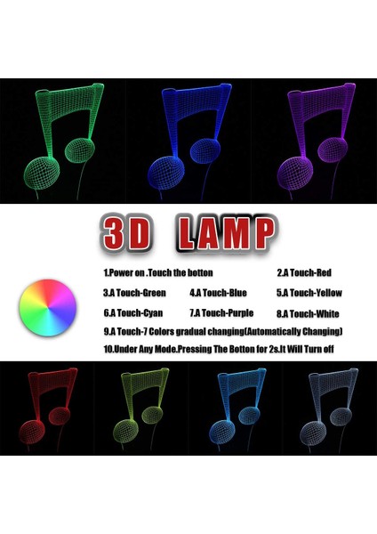 Unicorn Lamba 3D Görsel Unicorn LED Gece Lambası Touc Müzik Notası (Yurt Dışından)