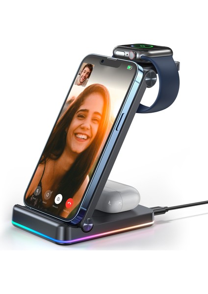 Joyroom Kablosuz Katlanabilir Şarj Cihazı 3'ü 1 Arada Çoklu 15W Hızlı Şarj Istasyonu Apple Watch Için Telefon Için Masa Üzerinde (Yurt Dışından)