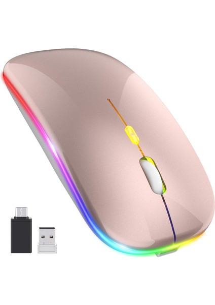 Yükseltme Pc Fare Kablosuz LED Şarj Edilebilir Sessiz Kablosuz Fare Dizüstü Bilgisayar Faresi, USB Tip-C Alıcılı 2.4g USB Fareler Bilgisayar/pc/tablet ile Uyumluluk (Gül Altın) (Yurt Dışından)