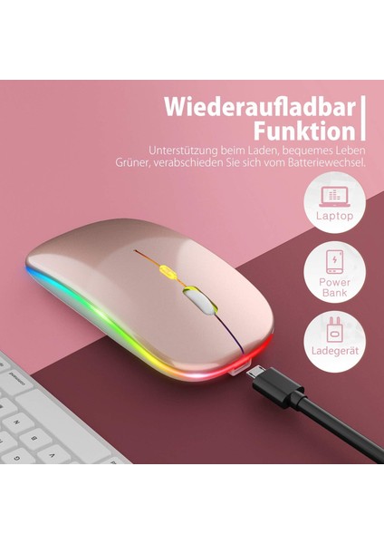 Yükseltme Pc Fare Kablosuz LED Şarj Edilebilir Sessiz Kablosuz Fare Dizüstü Bilgisayar Faresi, USB Tip-C Alıcılı 2.4g USB Fareler Bilgisayar/pc/tablet ile Uyumluluk (Gül Altın) (Yurt Dışından)