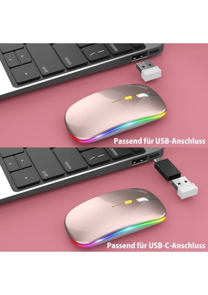 Yükseltme Pc Fare Kablosuz LED Şarj Edilebilir Sessiz Kablosuz Fare Dizüstü Bilgisayar Faresi, USB Tip-C Alıcılı 2.4g USB Fareler Bilgisayar/pc/tablet ile Uyumluluk (Gül Altın) (Yurt Dışından)
