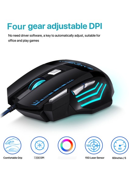 Bilgisayar Faresi Gamer Kablolu Oyun Faresi Rgb Arka Işık Sessiz 7200 Dpı Ergonomik Fare LED Aydınlatmalı 7 Düğmeler Pc Dizüstü Bilgisayar (Yurt Dışından)
