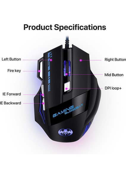 Bilgisayar Faresi Gamer Kablolu Oyun Faresi Rgb Arka Işık Sessiz 7200 Dpı Ergonomik Fare LED Aydınlatmalı 7 Düğmeler Pc Dizüstü Bilgisayar (Yurt Dışından)