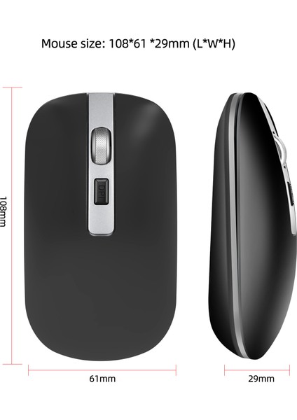 Yeni Sessiz 2.4g Kablosuz Fare, Şarj Edilebilir Metal Tekerlek, 4 Düğme 1600DPI Ofis ve Ev (Siyah) (Yurt Dışından)