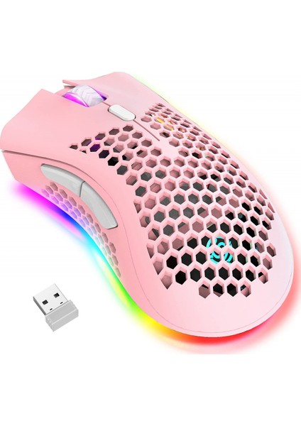 Kablosuz Hafif Oyun Faresi, Rgb Arkadan Aydınlatmalı Ultra Hafif Petek Fareler, 7 Düğme, Ayarlanabilir Dpı, USB Alıcı, 2.4g Kablosuz Şarj Edilebilir Ergonomik Optik Sensörlü Fare (Yurt Dışından)