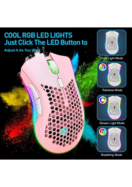 Kablosuz Hafif Oyun Faresi, Rgb Arkadan Aydınlatmalı Ultra Hafif Petek Fareler, 7 Düğme, Ayarlanabilir Dpı, USB Alıcı, 2.4g Kablosuz Şarj Edilebilir Ergonomik Optik Sensörlü Fare (Yurt Dışından)