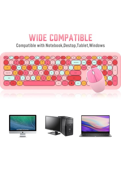 Kablosuz Klavye Fare Kombinasyonu, 112 Renkli Yuvarlak Retro Tarzı Tuşlu 2,4 Ghz USB Pembe Klavye, Letton Ofis Bilgisayarı Kablosuz Sessiz Klavye ve Mac Pc Için Kablosuz Sevimli Fare (Yurt Dışından)