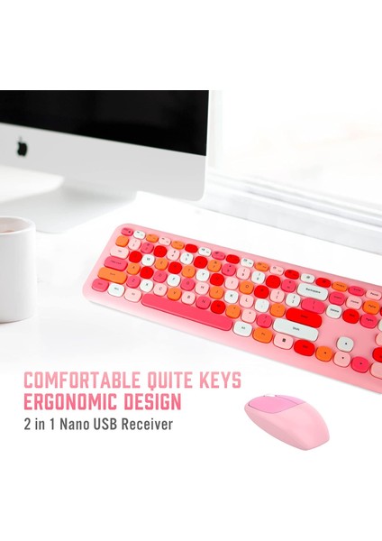 Kablosuz Klavye Fare Kombinasyonu, 112 Renkli Yuvarlak Retro Tarzı Tuşlu 2,4 Ghz USB Pembe Klavye, Letton Ofis Bilgisayarı Kablosuz Sessiz Klavye ve Mac Pc Için Kablosuz Sevimli Fare (Yurt Dışından)