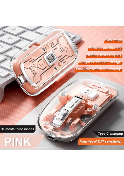 Üç Modlu Kablosuz Bluetooth Fare 2.4g Bt1 Bt2 Şarj Edilebilir Sessiz Manyetik Emme Şeffaf Çalışma Faresi Bilgisayar Dizüstü (Yurt Dışından)