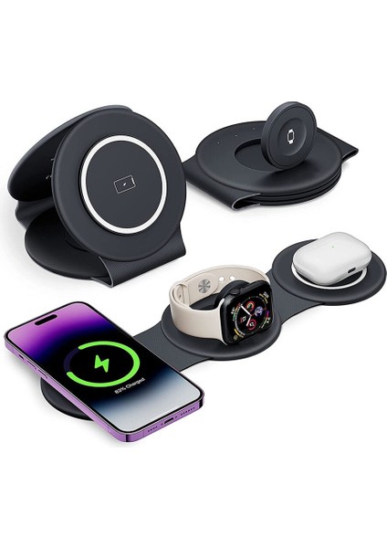 3 In 1 Manyetik Kablosuz Şarj Pad Katlanabilir Telefon Şarj Standı iPhone 14 13 12 Iwatch Hızlı Şarj Istasyonu Istasyonu (Yurt Dışından)