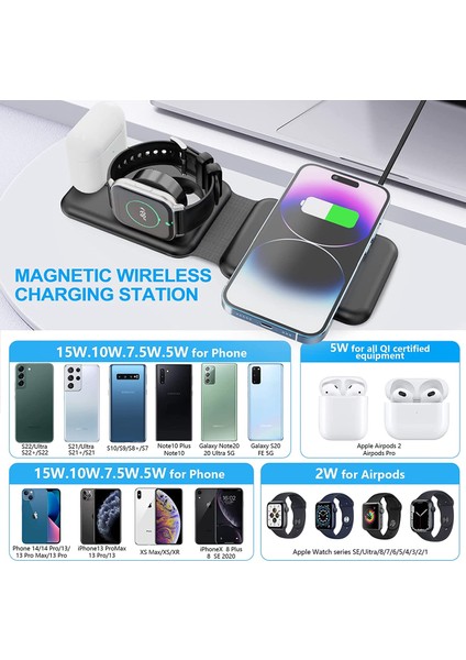 In 1 Manyetik Kablosuz Şarj Cihazı 15W Hızlı Katlanabilir Şarj Istasyonu iPhone 14/13/12/11/xs/x/8 Apple Watch Serisi Pro (Yurt Dışından) fiyatları