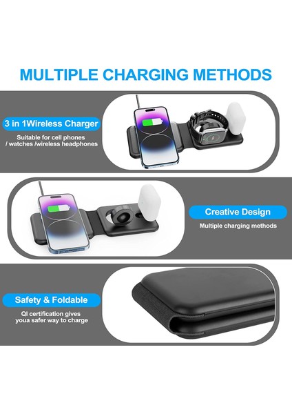 In 1 Manyetik Kablosuz Şarj Cihazı 15W Hızlı Katlanabilir Şarj Istasyonu iPhone 14/13/12/11/xs/x/8 Apple Watch Serisi Pro (Yurt Dışından) modelleri