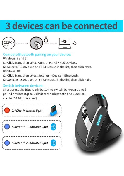 F-26 Ergonomik Dikey Fare 2.4g Bluetooth Kablosuz Şarj Edilebilir Fare 2400 Dpı 8 Düğmeler Gamer Fare Bilgisayar Dizüstü Pc Için (Yurt Dışından)