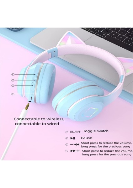 Kulak Üstü Bluetooth Kulaklık, Kedi Kulak Kulaklıkları, Kulaklık Kedi Kulak LED Işıklı Bluetooths Katlanabilir, Güvenli Katlanabilir Kulaklık, Mikrofonlu, Çocuklar Yetişkinler Için-Mor (Yurt Dışından)