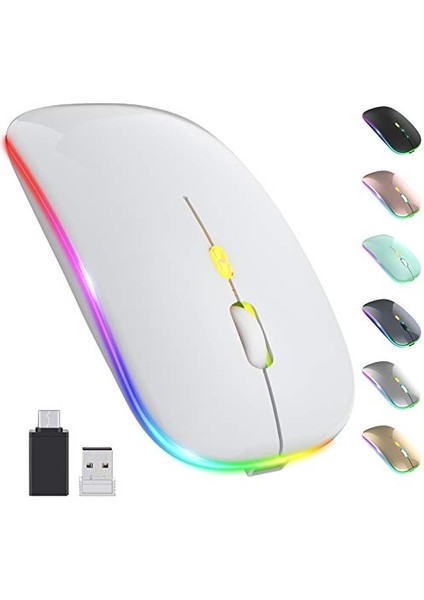 LED Kablosuz Fare, Şarj Edilebilir Ince Sessiz Fare 2.4g Taşınabilir Mobil Optik Ofis Faresi, USB ve Type-C Alıcılı, 3 Ayarlanabilir Dpı (Beyaz) ST-001 (Yurt Dışından)