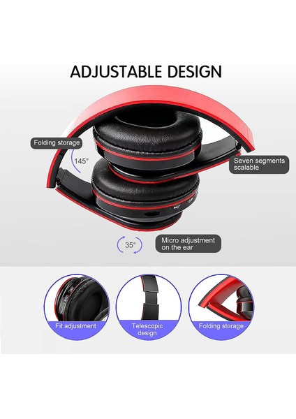 Kulak Üstü Bluetooth Kulaklıklar, Dahili Mikrofonlu Katlanabilir LED Stereo Kulaklıklar, Pc/akıllı Telefon/tv Için Gürültü Önleyici Kablosuz Kulaklık (Kırmızı) (Yurt Dışından)