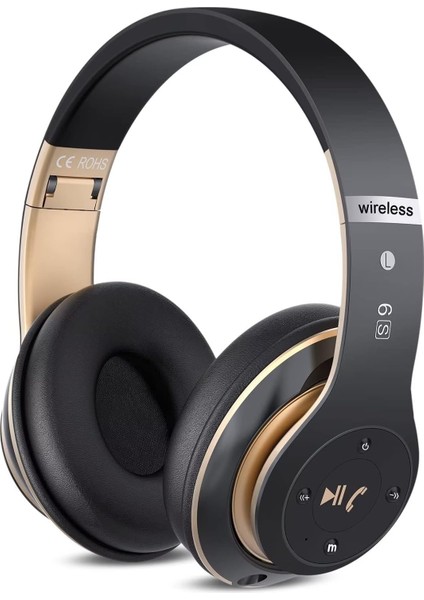 6s Kablosuz Bluetooth Kulak Üstü Kulaklık, Hi-Fi Stereo Katlanabilir Kablosuz Stereo Kulaklık Dahili Mikrofonlu Kulaklıklar, Ses Kontrolü, Telefon/pc Için Fm (Siyah ve Altın) (Yurt Dışından)