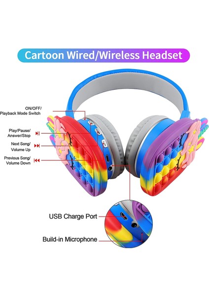 Kızlar Için Bluetooth Kulaklıklar Kablosuz Kadın Erkek Fidget Bubbles Sevimli Kablosuz Oyun Kulaklığı Kulak Üstü Akıllı Telefon Tablet Pc Için Dahili Mikrofon, Mavi (Yurt Dışından)