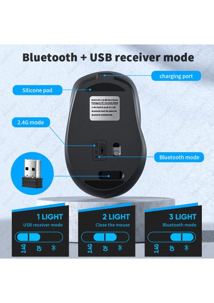 Aieach Şarj Edilebilir Kablosuz Bluetooth Fare Sessiz Kablosuz Bilgisayar Fare USB Ergonomik Gamer Bilgisayar Faresi Dizüstü Macbook (Yurt Dışından)