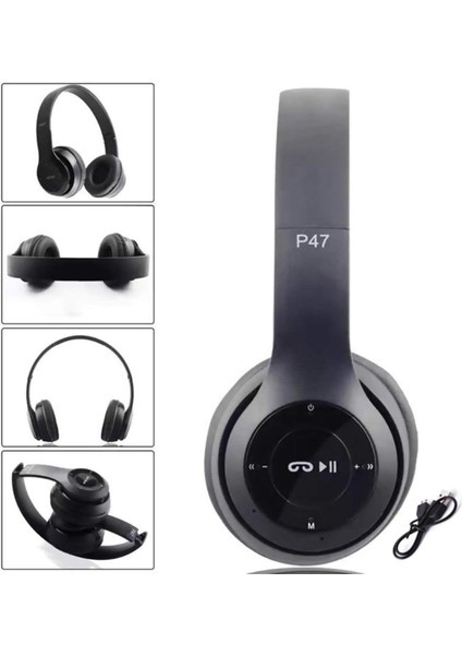 P47 5.0+ Edr Kablosuz Şarj Edilebilir Bluetooth Kulak Üstü Kulaklık, Katlanabilir Mikrofonlu Kulaklık (Siyah) (Yurt Dışından)