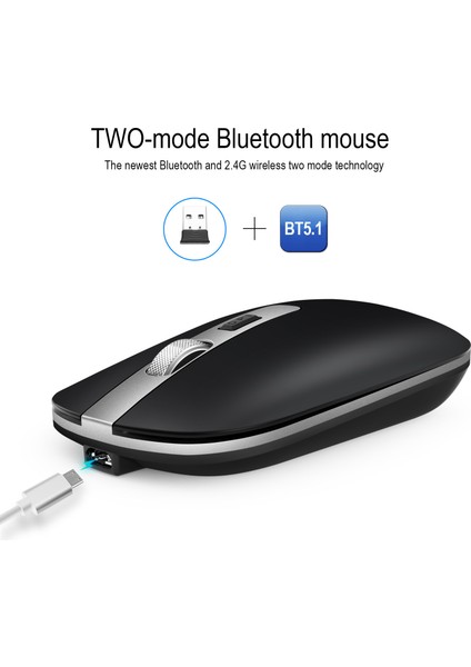 Bluetooth 5.1 Şarj Edilebilir Kablosuz Fare, Metal Tekerlekli Sessiz 2.4g Fare Şarj Edilebilir (Siyah) (Yurt Dışından)